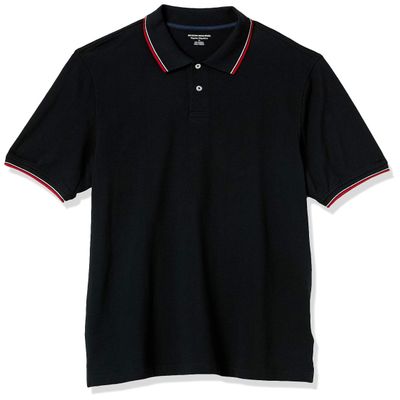 Amazon Essentials Men's Regular-Fit Cotton Pique Polo Shirt (Available in Big & Tall), Black Red White Thin Stripe, Large