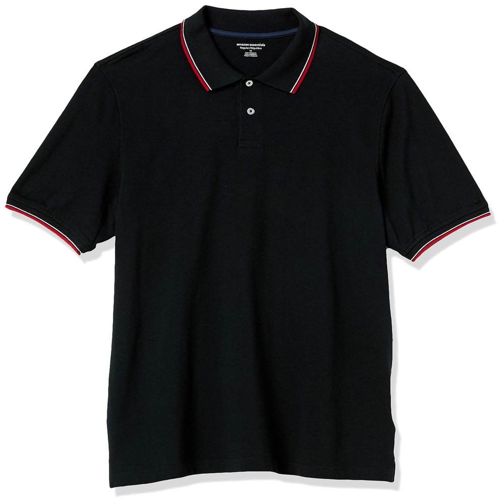 Amazon Essentials Men's Regular-Fit Cotton Pique Polo Shirt (Available in Big & Tall), Black Red White Thin Stripe, Large