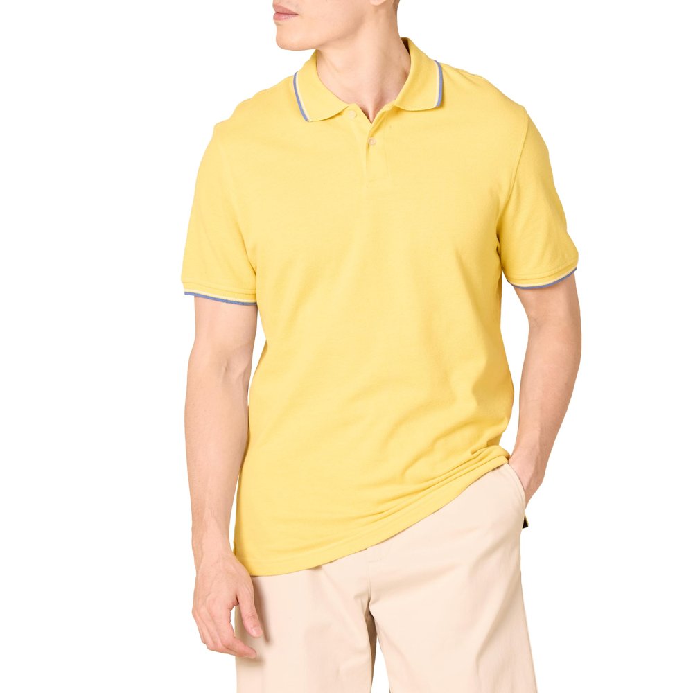 Amazon Essentials Men's Yellow Thin Stripe Polo Shirts Short Sleeve, Slim-Fit Cotton Pique, X-Small