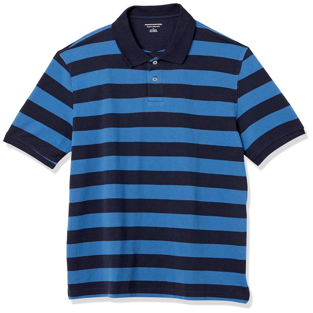 Amazon Essentials Men's Regular-Fit Cotton Pique Polo Shirt (Available in Big & Tall), Black Blue Stripe, Large