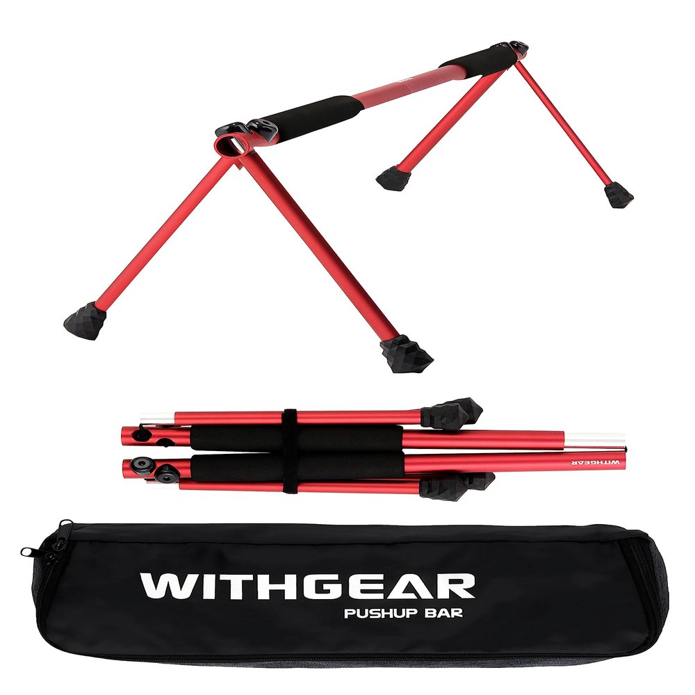 WITHGEAR Folding Push Up Bar Swan Red | Portable Outdoor Bar & Home Workout Equipment | Duralumin Metal Dip Bar & Pushup Handles | Dip Bars for Strength Training | Lightweight Metal Bar