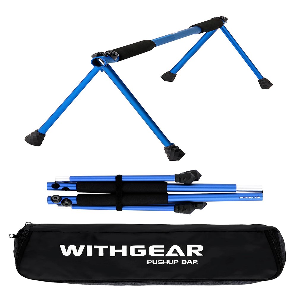 WITHGEAR Folding Push Up Bar Swan Blue | Portable & Lightweight Sturdy Duralumin Metal Pushup Bar Stand w/Carry Bag | Home Workout Equipment Push Up Bars for Men and Women | Push Up Handles for Floor