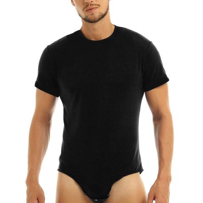 ACSUSS Men's Short Sleeve Undershirt Press Button Crotch Shirt Bodysuit Round Neck Leotard Tops Black XX-Large