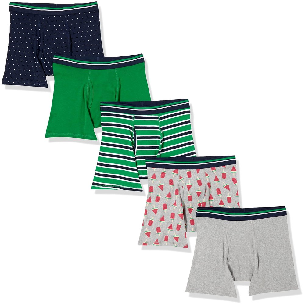 Amazon Essentials Men's Underwear Boxer Briefs, Comfortable Cotton, Tag-Free, Pack of 5, Dots/Green/Grey Heather/Popsicle/Stripe, Large