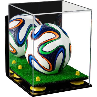 Better Display Cases Acrylic Mini - Miniature (not Full Size) Soccer Ball Display Case with Mirror Case, Yellow Risers, Wall Mount and Turf Base (B03/A015)