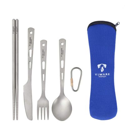 Titanium Ultra-Light Weight Tableware Durable Knife Fork Spoon Chopsticks Cutlery Set with with with Carabiner clip Reusable Rust proof for hiking camping scouting outdoor sports Eco-friendly w. pouch