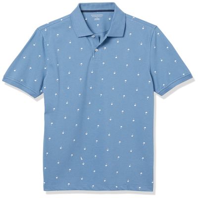 Amazon Essentials Men's Blue Palm Tree Print Polo Shirts Short Sleeve, Slim-Fit Cotton Pique, Small