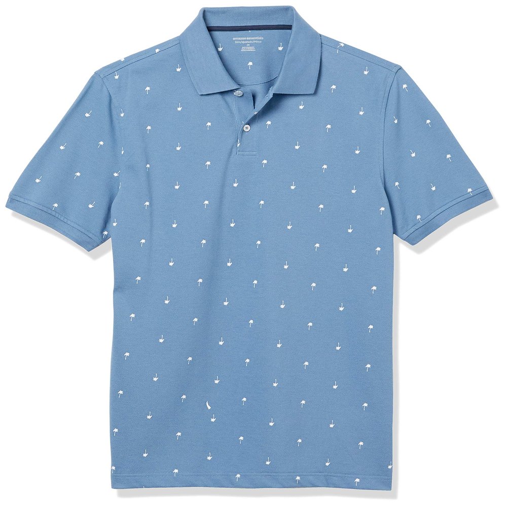 Amazon Essentials Men's Blue Palm Tree Print Polo Shirts Short Sleeve, Slim-Fit Cotton Pique, Small