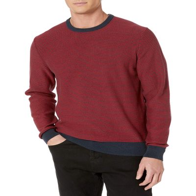 Amazon Essentials Men's Long-Sleeve Crewneck Sweater, 100% Cotton, Big & Tall Options Available, Navy Red Mini Stripe, X-Large