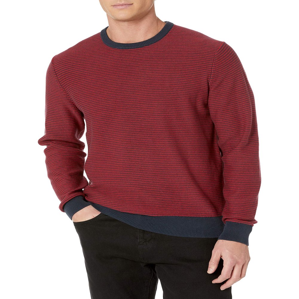 Amazon Essentials Men's Long-Sleeve Crewneck Sweater, 100% Cotton, Big & Tall Options Available, Navy Red Mini Stripe, X-Large