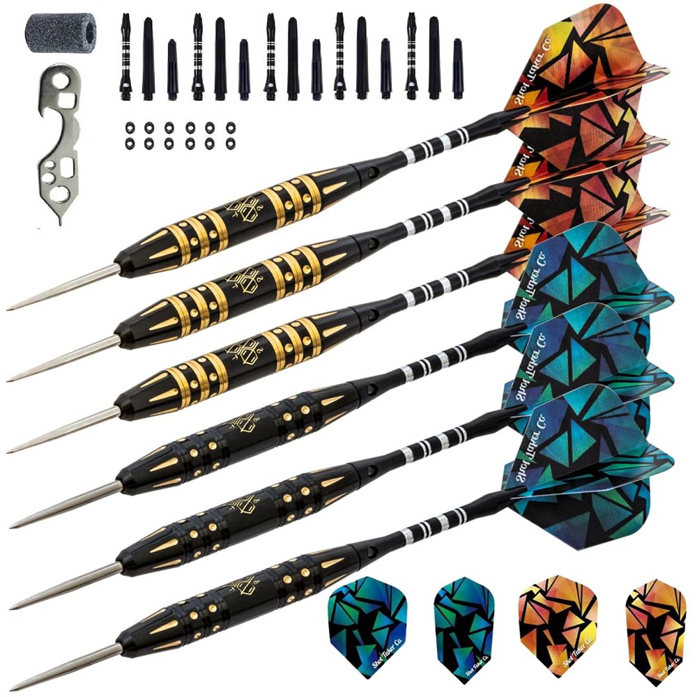 SHOT TAKER CO. EST. 2017 6pc Steel Tip Darts Set - Professional Darts Steel Tip for Dartboard - Includes Barrels + Plastic/Aluminum Shafts + O'Rings + Flights + Sharpener + Wrench (22g-GMC N-10417)