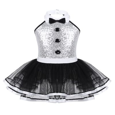 dPois Kids Girls Christmas Shiny Sequins Halter Dance Dress Figure Ice Skating Ballet Leotard Tulle Tutu Skirt White 4 Years