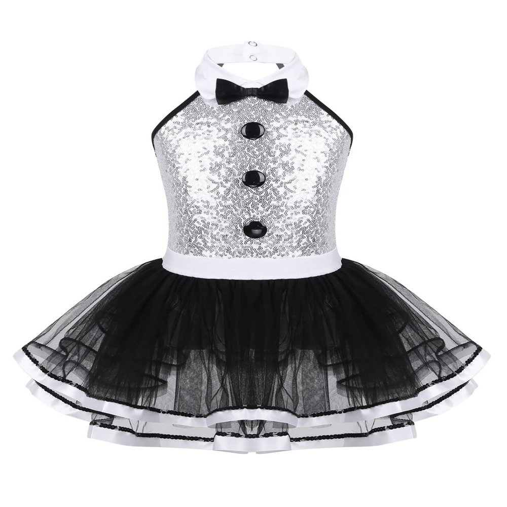 dPois Kids Girls Christmas Shiny Sequins Halter Dance Dress Figure Ice Skating Ballet Leotard Tulle Tutu Skirt White 4 Years