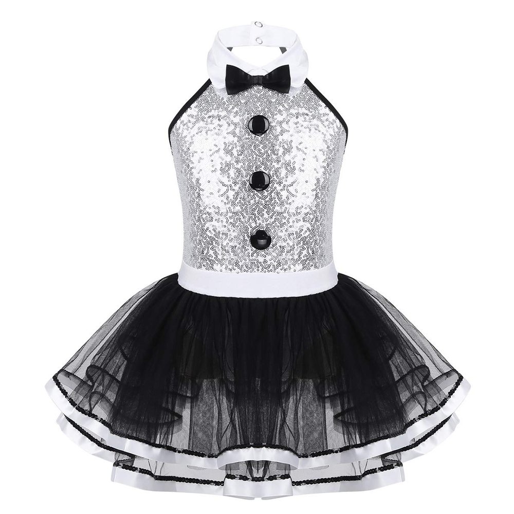 ACSUSS Kids Girls Shiny Circus Rinamaster Costumes Bowtie Halter Sequins Ballet Tutu Dress Leotard Lyrical Dance Costume Black&White 12