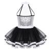 ACSUSS Kids Girls Shiny Circus Rinamaster Costumes Bowtie Halter Sequins Ballet Tutu Dress Leotard Lyrical Dance Costume Black&White 12 view 2