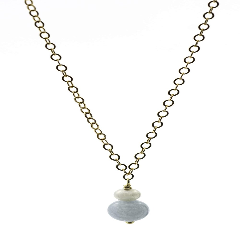 14k Gold Filled Chain Necklaces with a White Cultured Freshwater Pearl and Aquamarine Centerpiece Drop, 3.5-4 mm 16" + 2" extender