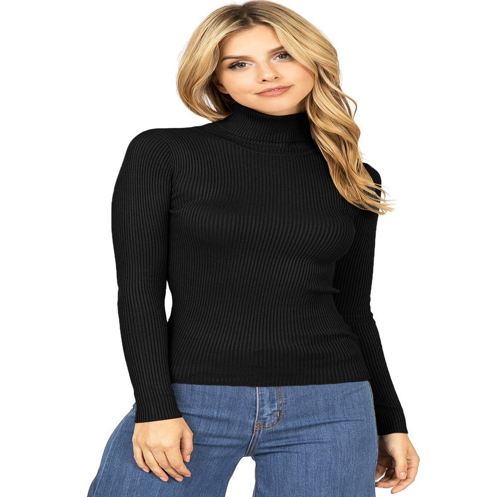 Ambiance Apparel Women's Ribbed Long Sleeve Turtleneck Top (L, Black)
