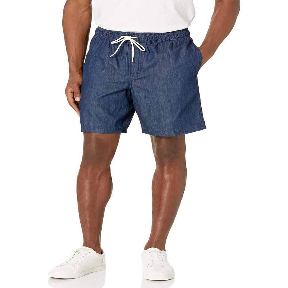 Amazon Essentials Men's 8" Inseam Relaxed-Fit Drawstring Walk Shorts (Available in Plus Size), Dark Wash Chambray, X-Large