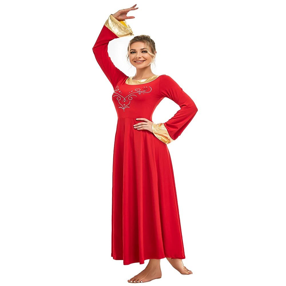 MYRISAM Adults Women Praise Dance Robe Liturgical Color Block Bell Sleeve Rhinestone Dress Choir Worship Lyrical Long Gown Red XL