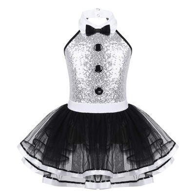ACSUSS Kids Girls Shiny Circus Rinamaster Costumes Bowtie Halter Sequins Ballet Tutu Dress Leotard Lyrical Dance Costume Black&White 6