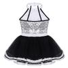ACSUSS Kids Girls Shiny Circus Rinamaster Costumes Bowtie Halter Sequins Ballet Tutu Dress Leotard Lyrical Dance Costume Black&White 6 view 4