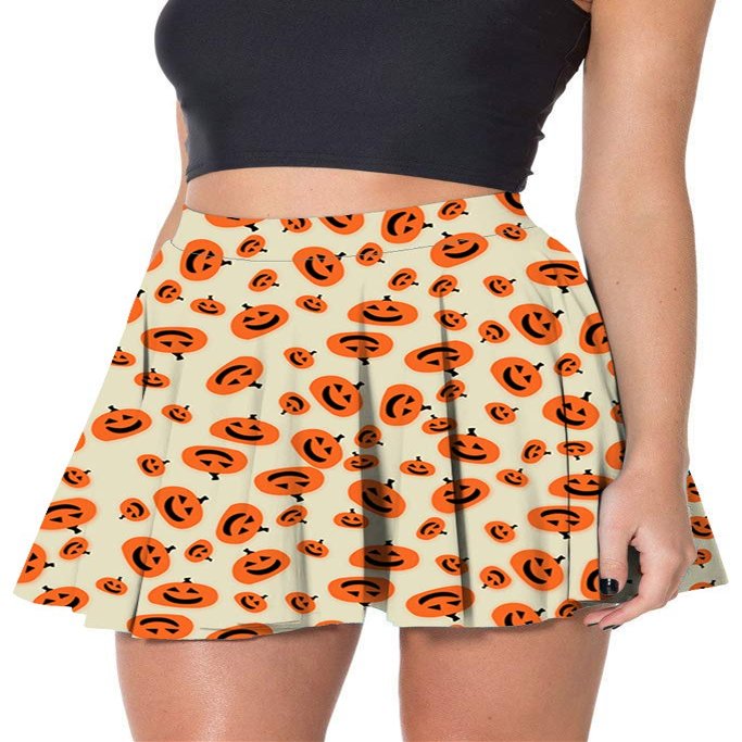 Sister Amy Women's Pleated Elastic Waist Band Flared Printed Midi Skater Halloween Pumpkin XX-Large