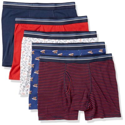 Amazon Essentials Men's Underwear Boxer Briefs, Comfortable Cotton, Tag-Free, Pack of 5, Anchor/Dog Print/Mini Stripe, X-Small