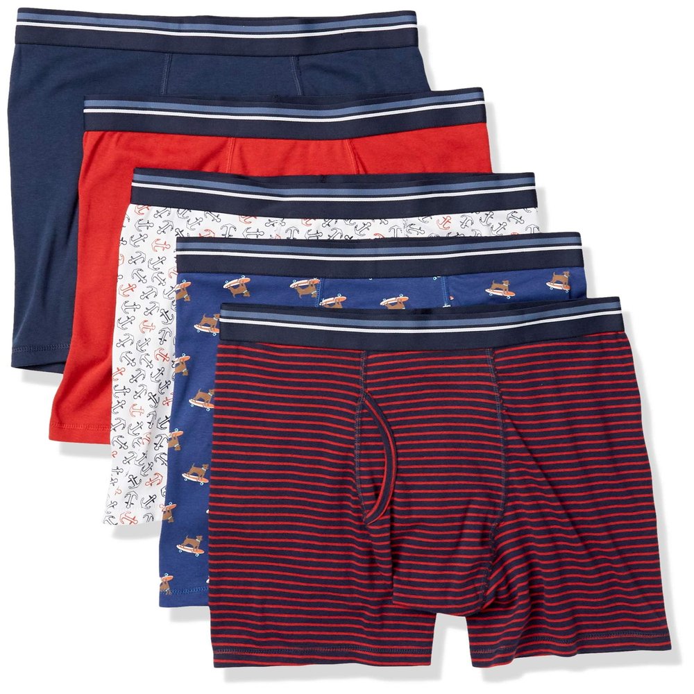 Amazon Essentials Men's Underwear Boxer Briefs, Comfortable Cotton, Tag-Free, Pack of 5, Anchor/Dog Print/Mini Stripe, X-Small