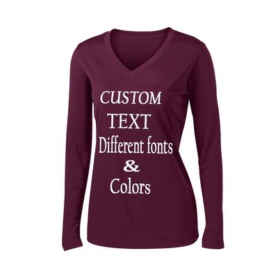 Customized Long Sleeve Polyester Ladies V Neck Tee Personalize with Your Own Text Font Design and Colors Maroon