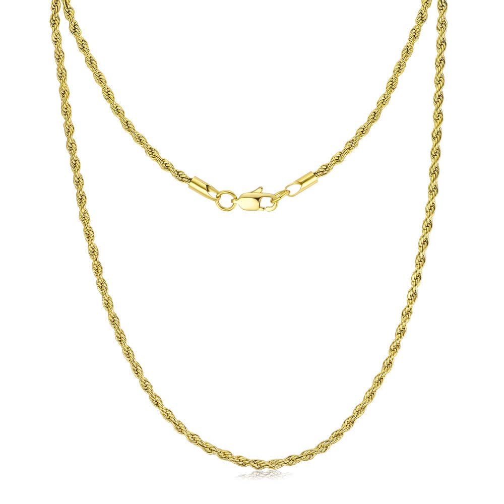 FOSIR Gold Plated Rope Chain for Men, 3mm Stainless Steel Chain Necklace for Men and Women, Twist Mens Necklaces (20 Inches)