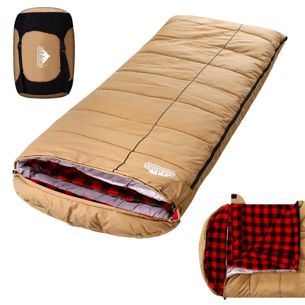 AGEMORE 0 Degree Canvas Sleeping Bag for Fishing, Hunting, Traveling and Camping Particularly in Cold Winter Outdoor with Removable Flannel Liner, Heavy Duty Sleeping Bag for Big and Tall Adults