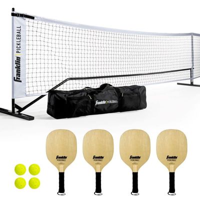 Franklin Sports Pickleball Net Starter Set - Portable Outdoor Court Regulation Size Net System with Travel Bag - Official Pickleball Starter Set with (4) Paddles + (4) X-40 Balls