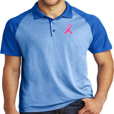 Breast Cancer Pink Ribbon Pocket Print Raglan Polo, Royal 3XL