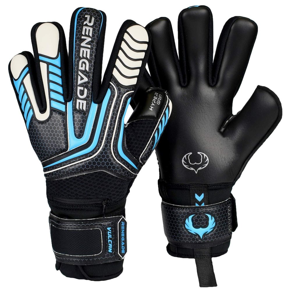 Renegade GK Vulcan Trident Goalie Gloves with Pro-Tek Finger Savers | 3.5+3mm Hyper Grip & 4mm Duratek | Black & Blue Soccer Goalkeeper Gloves (Size 8, Youth-Adult, Negative Cut, Level 3)