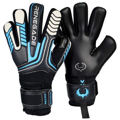 Renegade GK Vulcan Trident Goalie Gloves with Pro-Tek Fingersaves | 3.5+3mm Hyper Grip & 4mm Duratek | Black & Blue Goalkeeping Gloves (Size 9, Youth-Adult, Negative Cut, Level 3)