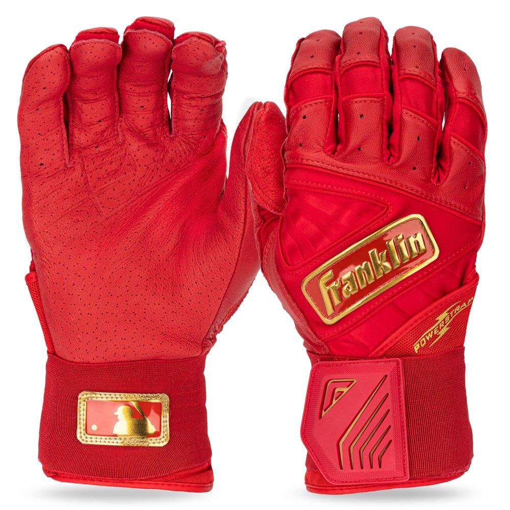 Franklin Sports MLB Batting Gloves - Infinite Powerstrap Baseball + Softball Batting Gloves -Durable Full Wrap Cage Practice Gloves - Reinforced Wrist + Heavy Duty Leather - Adult Medium - Red + Gold
