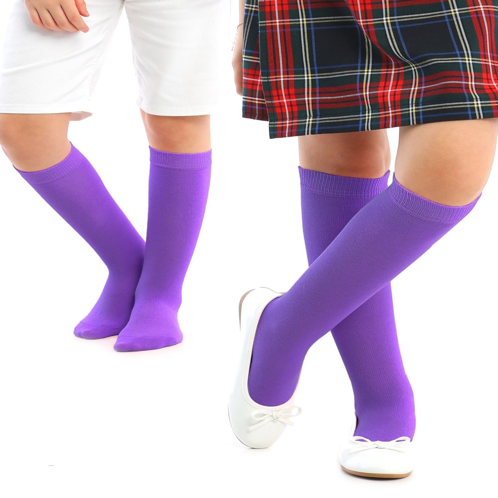 Hugh Ugoli Girls Boys Kids School Uniform Long Dress Socks, Extremely Soft, Comfortable, Rayon derived from Bamboo, Chemical-Free, 3 Pairs Purple | 9-11 Years