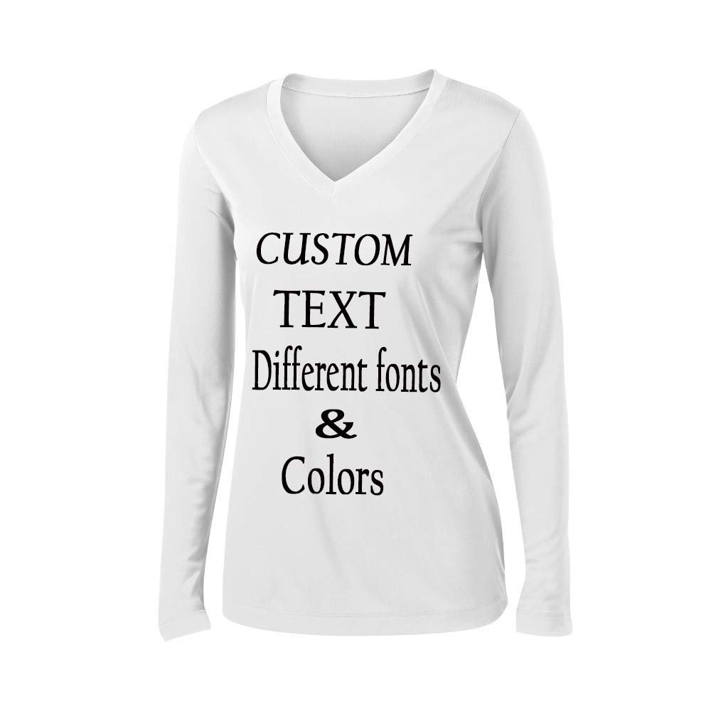 Customized Long Sleeve Polyester Ladies V Neck Tee Personalize with Your Own Text Font Design and Colors White