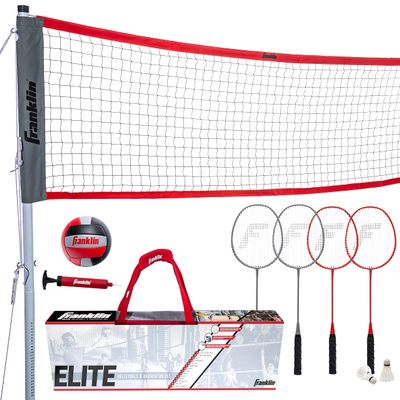 Franklin Sports Elite Badminton Volleyball Combo Net Set - Includes Volleyball, Badminton Rackets, Birdies, Poles/Net, Stakes, Ropes, Boundary Kit - Beach + Backyard Game Set - Easy Setup