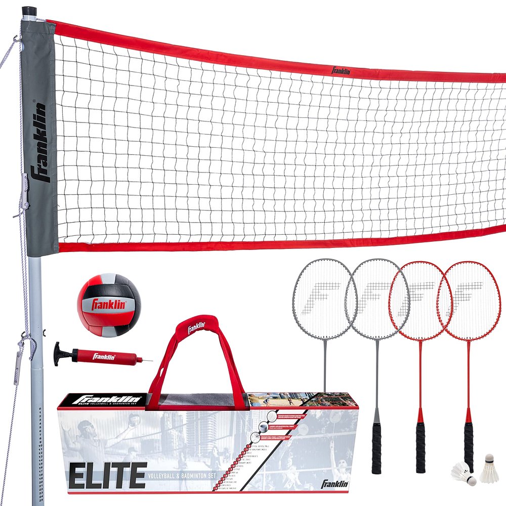 Franklin Sports Elite Badminton Volleyball Combo Net Set - Includes Volleyball, Badminton Rackets, Birdies, Poles/Net, Stakes, Ropes, Boundary Kit - Beach + Backyard Game Set - Easy Setup