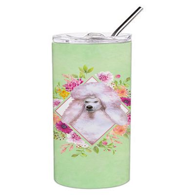 Caroline's Treasures CK4331TBL20 Standard White Poodle Green Flowers Stainless Steel 20 oz Skinny Tumbler Vacuum Double Walled Reusable Insulated Tumbler Travel Cup for Coffee Cocktails Gift with Lid,