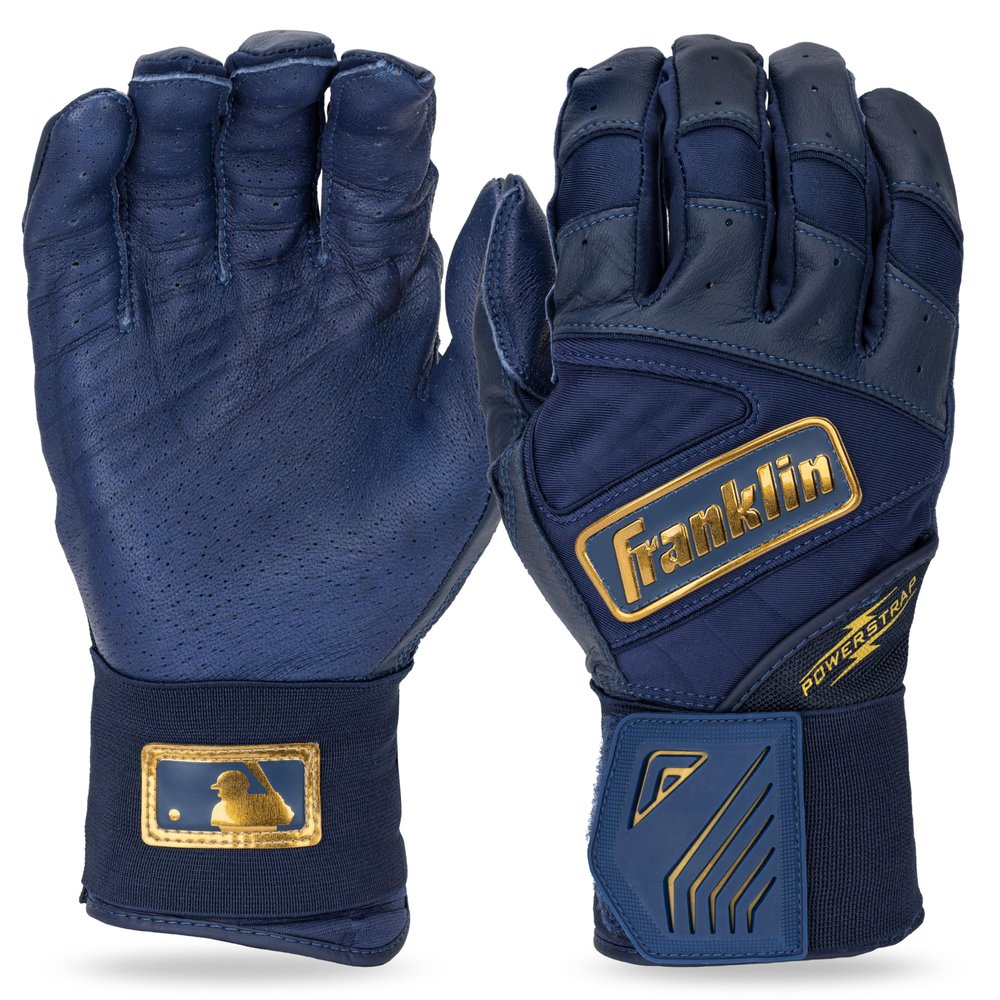 Franklin Sports MLB Batting Gloves - Infinite Powerstrap Baseball + Softball Batting Gloves -Durable Full Wrap Cage Practice Gear - Long Cuff Wrist + Heavy Duty Leather - Adult Medium - Navy + Gold