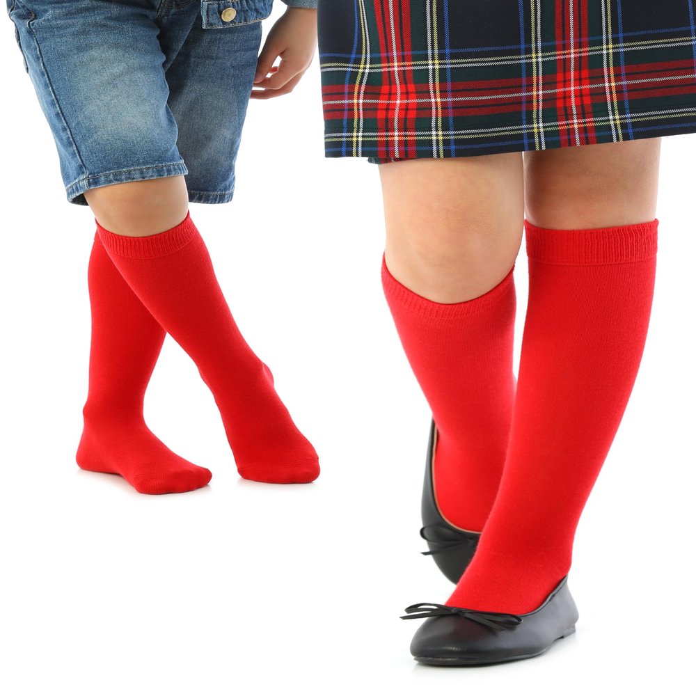 Hugh Ugoli Girls Boys Kids School Uniform Long Dress Socks, Extremely Soft, Comfortable, Rayon derived from Bamboo, Chemical-Free, 3 Pairs Red | 3-4 Years