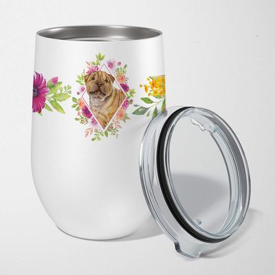 Caroline's Treasures CK4181TBL12 Shar Pei Pink Flowers Stainless Steel 12 oz Stemless Wine Glass Insulated Wine Tumbler with Lid, Cute Travel Cup for Coffee, Cocktails, Gift Women, Mother