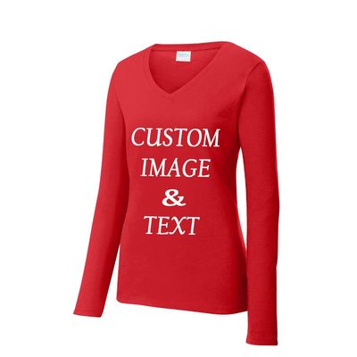 Custom Women Long Sleeves Tee Shirt, Personalized by Upload Photos, Type Text, Design Your Own Tee Shirt, Workout Tee Shirt Bright Red