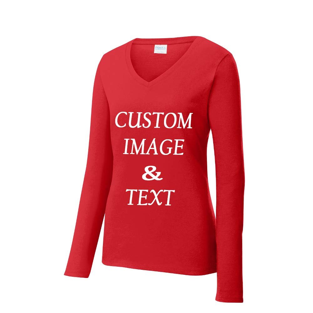 Custom Women Long Sleeves Tee Shirt, Personalized by Upload Photos, Type Text, Design Your Own Tee Shirt, Workout Tee Shirt Bright Red