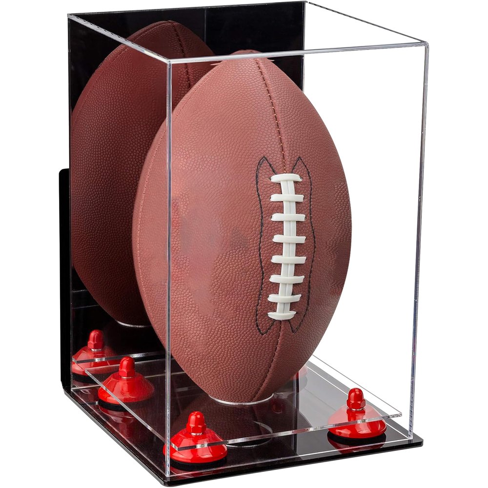 Football Display Case, Durable Clear Display Case with Mirror & Clear Base, Wall Mounted Case for Full Size Footballs, Sports Memorabilia, Collectibles, Keepsakes, Autographed Balls Items (A060-RR)
