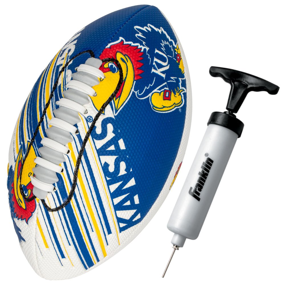 Franklin Sports Kansas Jayhawks Foam Football - Youth Mini Football for Kids - 8.5" Junior Soft Foam Ball - SPACELACE Easy Grip Cover - Perfect Toy for Kids