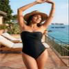 Smismivo Women's Strapless One Piece Tummy Control Swimsuit Vintage Retro Ruched Bandeau Bathing Suit Padded Slimming Tube Top Shirred Swimwear Black view 4