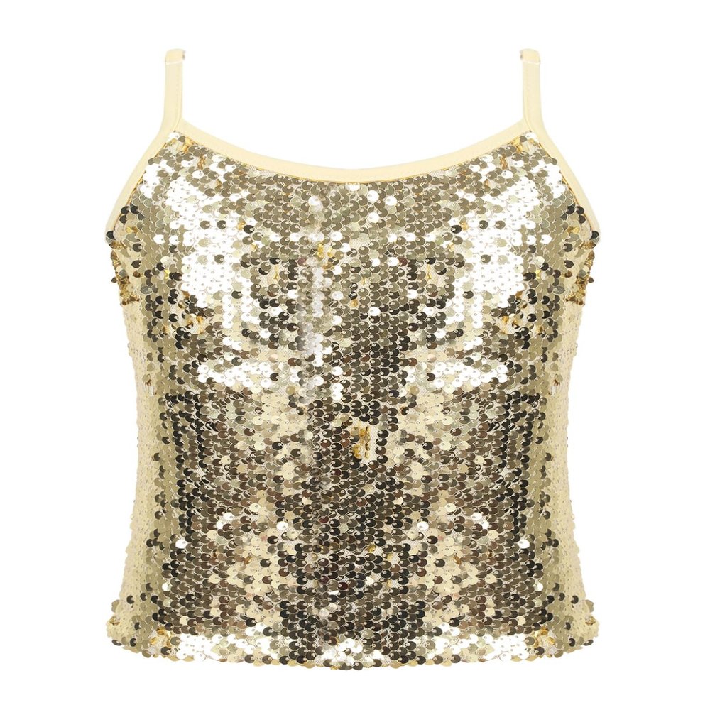 YEAHDOR Girls Glitter Sequins Cami Vest Jazz Ballet Dance Tank Top Stage Performance Adjustable Strap Tees Shirt Gold 8 Years